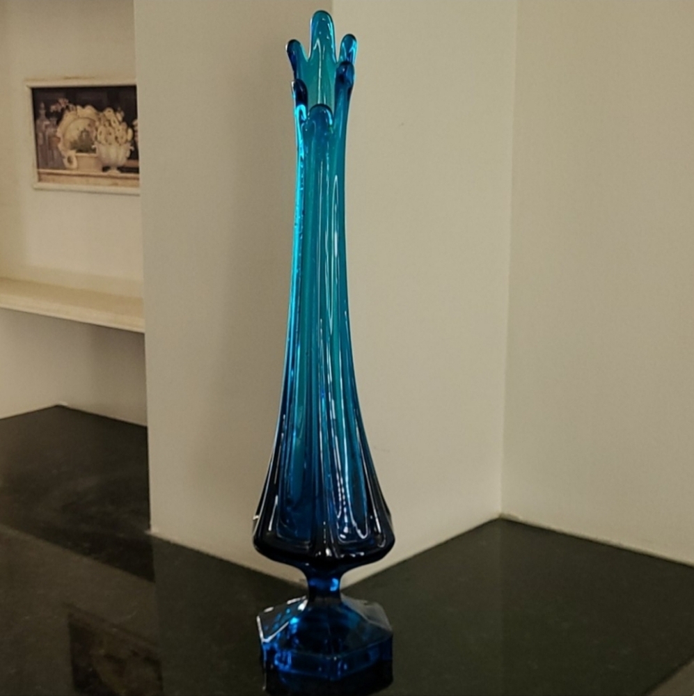 Viking Glass Bluenique Blunique Blue Swung Vase Planter Atomic MCM Vintage Epic - Picture 1 of 7